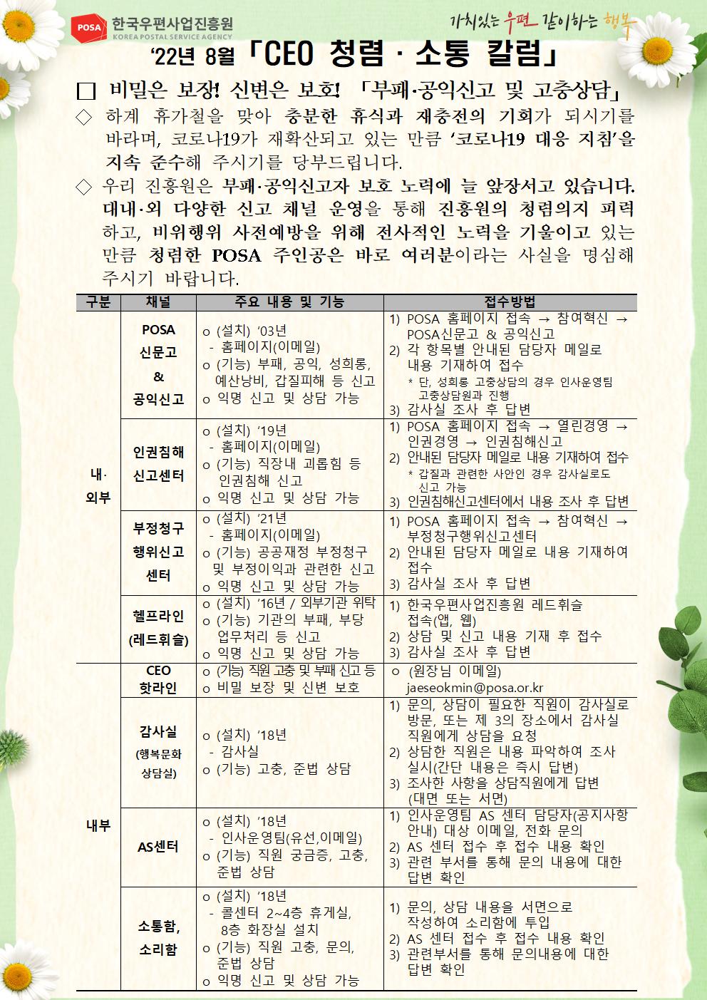한국우편사업진흥원[원장 : 민재석]은 기관장의 적극적인 반부패·청렴 의지 피력을 통한 청렴문화 조성 및 ESG 경영 확산을 위해 「CEO 청렴·소통 칼럼(22. 8월)」을 제작 및 전파 사진