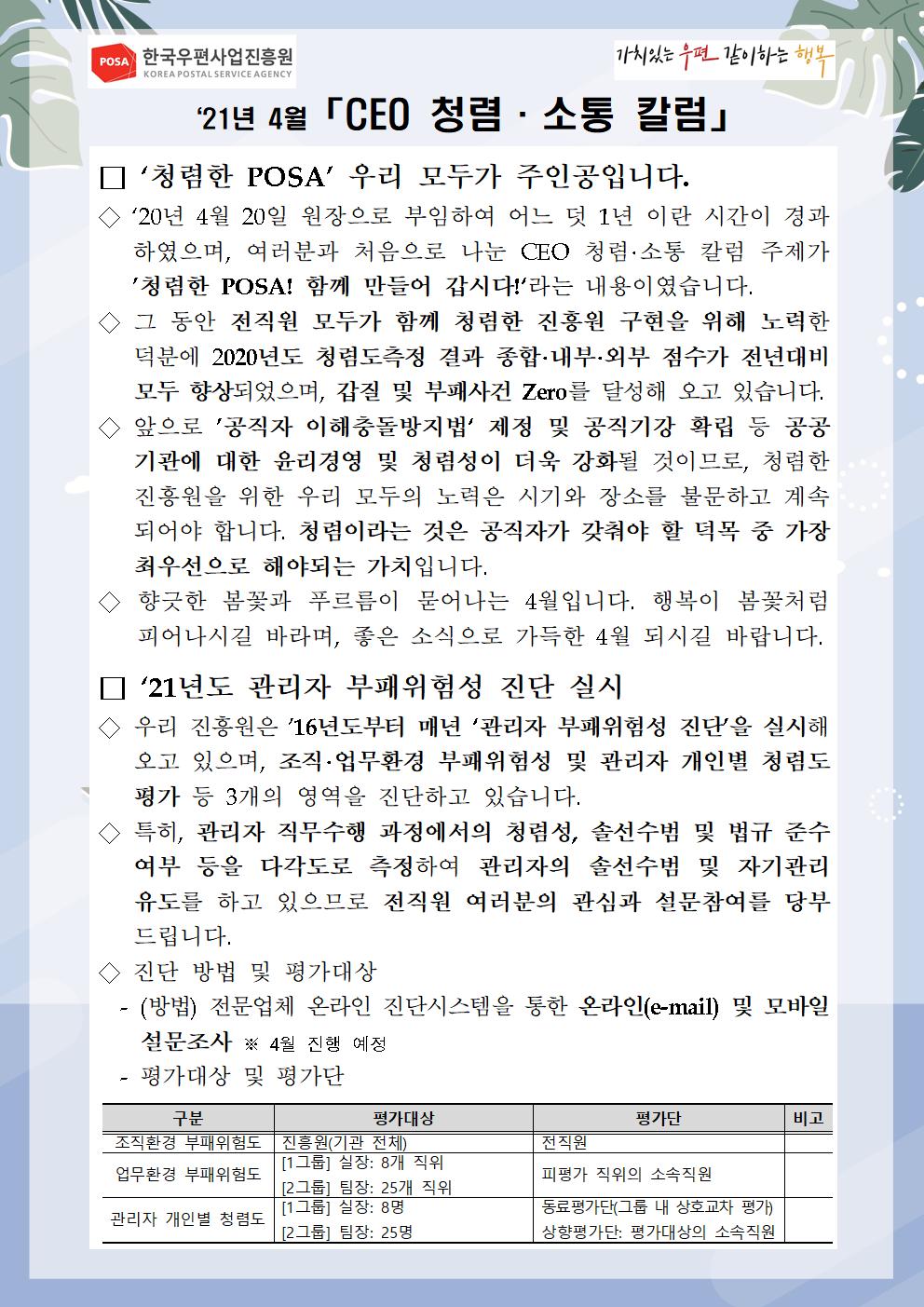 한국우편사업진흥원[원장 : 민재석]은 기관장의 적극적인 반부패·청렴 의지 피력을 통한 청렴문화 조성 및 매월 정기적인 소통을 통한 대내외 윤리경영 확산을 위해 「CEO 청렴·소통 칼럼(21. 4월)」을 제작 및 전파사진