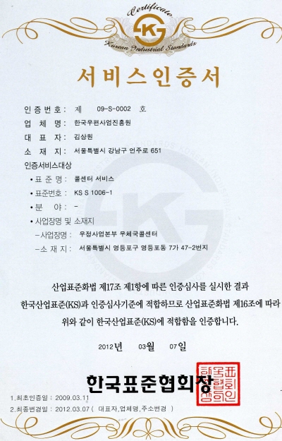 서비스인증서 인증번호:제09-S-0002호 업체명:한국우편사업진흥원 대표자:김상원 소재지:서울특별시 강남구 언주로651 인증서비스대상 표준명:콜센터 서비스 표준번호:KS S 1006-1 분야:- 사업장명 및 소재지 -사업장명:우정사업본부 우체국콜센터 -소재지:서울특별시 영등포구 영등포동7가47-2번지 산업표준화법 제17조 제1항에 따른 인증심사를 실시한 결과 한국산업표준(KS)과 인증심사기준에 적합하므로 산업표준화법 제16조에 따라 위와 같이 한국산업표준(KS)에 적합함을 인증합니다. 2012년03월07일 한국표준협회장 1.최초인증일:2009.03.11 2.최초변경일:2012:03.07(대표자,업체명,주소변경)