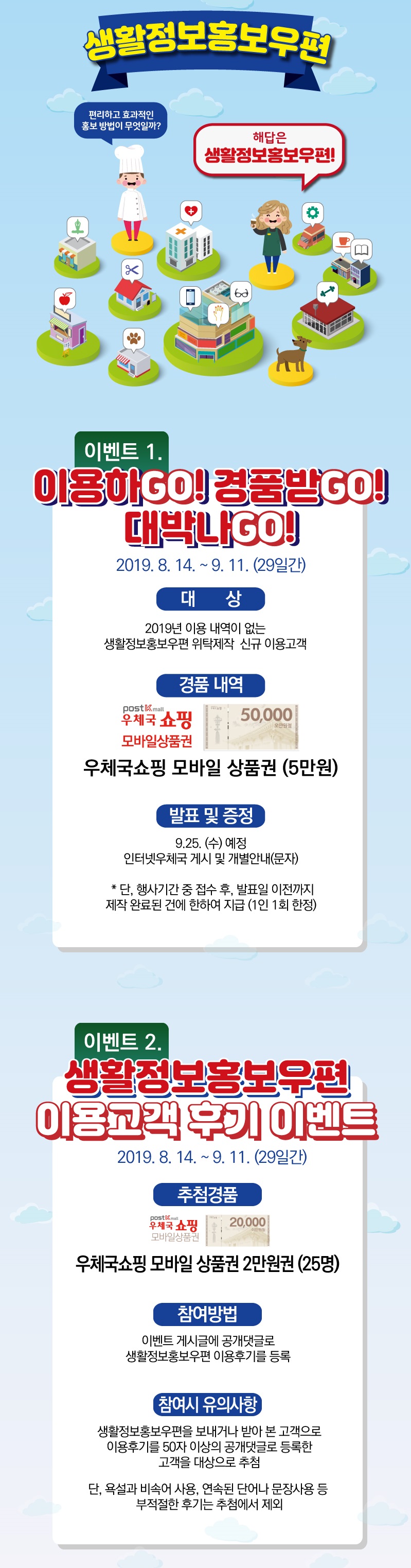 생활정보홍보우편 편리하고 효과적인 홍보 방법이 무엇일까? 해답은 생활정보홍보우편  이벤트1. 이용하GO! 경품받GO! 대박나GO! 2019.8.14.~9.11.(29일간) 대상 2019년 이용 내역이 없는 생활정보홍보우편 위탁제작 신규 이용고객 경품내역 우체국 쇼핑 모바일 상품권(5만원) 발표 및 증정 9.25.(수) 예정 인터넷우체국 게시 및 개별안내(문자) *단, 행사기간 중 접수 후, 발표일 이전까지 제작 완료된 건에 한하여 지급(1인 1회 한정) 이벤트2. 생활정보홍보우편 이용고객 후기 이벤트 2019.8.14.~9.11.(29일간) 추첨경품 우체국쇼핑 모바일 상품권 2만원권(25명) 참여방법 이벤트 게시글에 공개댓글로 생활정보홍보우편 이용후기를 등록 참여시 유의사항 생활정보홍보우편을 보내거나 받아 본 고객으로 이용후기를 50자 이상의 공개댓글로 등록한 고객을 대상으로 추첨 단, 욕설과 비속어 사용, 연속된 단어나 문장사용 등 부적절한 후기는 추첨에서 제외