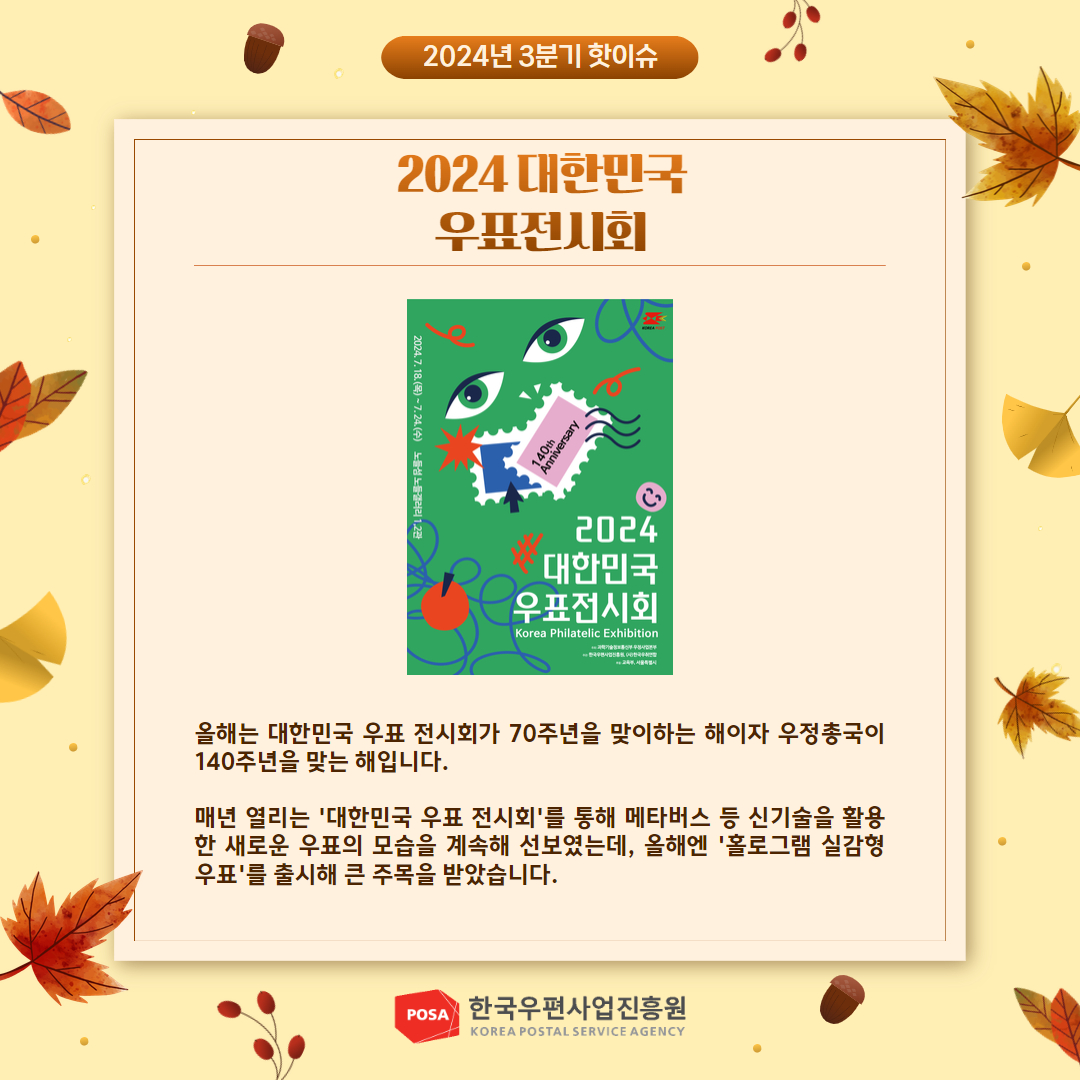 2024년 3분기 핫이슈 / 2024 대한민국 우표전시회 / 2024 대한민국 우표전시회 표지 / 올해는 대한민국 우표 전시회가 70주년을 맞이하는 해이자 우정총국이 140주년을 맞는 해입니다. / 매년 열리는 '대한민국 우표 전시회'를 통해 메타버스 등 신기술을 활용 한 새로운 우표의 모습을 계속해 선보였는데, 올해엔 '홀로그램 실감형 우표'를 출시해 큰 주목을 받았습니다. / POSA 한국우편사업진흥원 KOREA POSTAL SERVICE AGENCY 