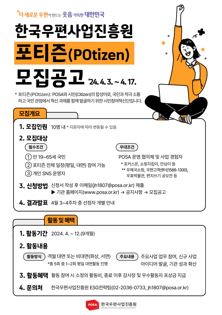 더 새로운 우편이 만드는 웃음 가득한 대한민국 / 한국우편사업진흥원 포티즌(POtizen) 모집공고 '24.4.3.~4.17. / *포티즌(POtizen): POSA와 시민(Citizen)의 합성어로, 국민과 적극 소통 하고 국민관점에서 혁신 과제를 함께 발굴하기 위한 시민참여혁신단입니다. / 모집개요 / 1. 모집인원 10명 내 * 지원자에 따라 변동될 수 있음 / 2. 모집대상 / 필수조건 / 1. 만 19~65세 국민 / 2. 포티즌 전체 일정(평일, 대면) 참여 가능 / 3. 개인 SNS 운영자 / 우대조건 / POSA 운영협의체 및 사업 경험자 / *포커스온, 쇼핑지킴이, 안심이 등 / **우체국쇼핑, 우편고객센터(1588-1300), 우표박물관, 편지쓰기 공모전 등 / 3. 신청방법 / 신청서 작성 후 이메일(jh1807@posa.or.kr) 제출 ▶기관 홈페이지(www.posa.or.kr) → 공지사항 → 모집공고 / 4. 결과발표 / 4월 3~4주차 중 선정자 개별 안내 / 활동 및 혜택 / 1. 활동기간 2024. 4.~12.(9개월) / 2. 활동내용 / 활동방식 / 격월 대면 또는 비대면(화상, 서면)  *총 5회 중 1~2회 평일 대면활동 진행 / 주요내용 / 주요사업 업무 참여, 신규 사업 아이디어 발굴, 기관 성과 확산 / 3. 활동혜택 / 활동 참여 시 소정의 활동비, 종료 이후 감사장 및 우수활동자 포상금 지급 / 4. 문의처 / 한국우편사업진흥원 ESG 전략팀(02-2036-0733, jh1807@posa.or.kr) / POSA 한국우편사업진흥원 KOREA POSTAL SERVICE AGENCY