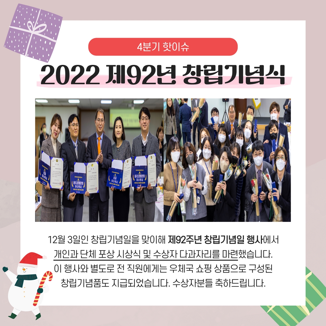 2022년 4분기 핫이슈 / 2022 제92년 창립기념식 / 12월 3일인 창립기념일을 맞이해 제92주년 창립기념일 행사에서 개인과 단체 포상 시상식 및 수상자 다과자리를 마련했습니다. 이 행사와 별도로 전 직원에게는 우체국 쇼핑 상품으로 구성된 창립기념품도 지급되었습니다. 수상자분들 축하드립니다.