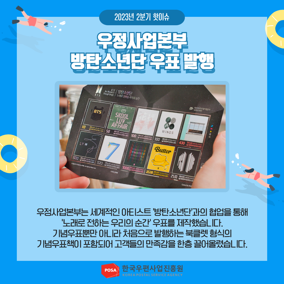 2023년 2분기 핫이슈 / 우정사업본부 방탄소년단 우표 발행 / 우정사업본부는 세계적인 아티스트 '방탄소년단'과의 협업을 통해 '노래로 전하는 우리의 순간' 우표를 제작했습니다. 기념우표뿐만 아니라 처음으로 발행하는 북클렛 형식의 기념우표책이 포함되어 고객들의 만족감을 한층 끌어올렸습니다. / POSA 한국우편사업진흥원 KOREA POSTAL SERVICE AGENCY