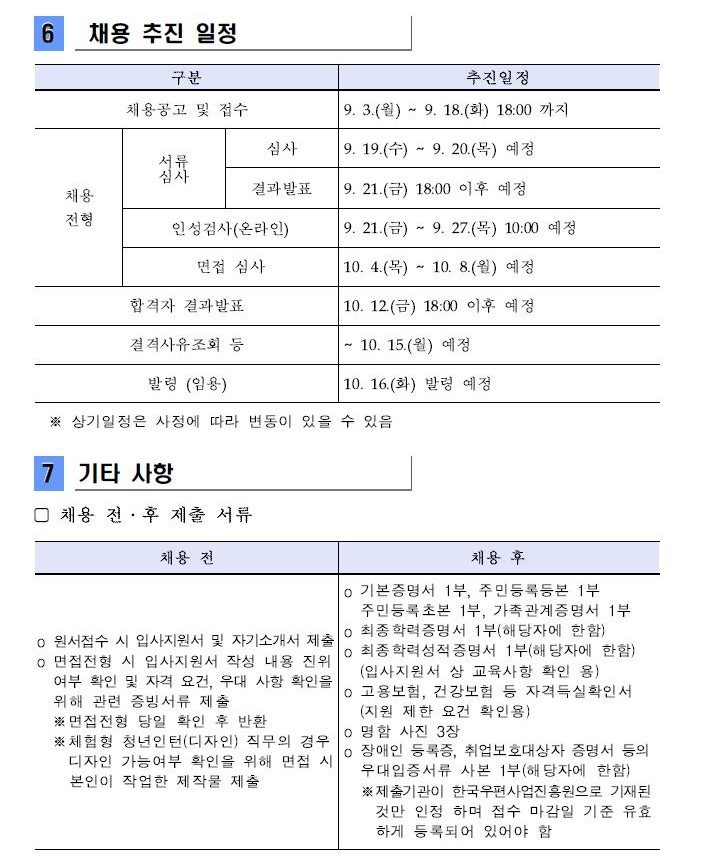 6.채용 추진 일정 (1)구분 1)채용공고 및 접수 2)채용전형:서류심사(심사,결과발표),인성검사(온라인),면접 심사 3)합격자 결과발표 4)결격사유조회 등 5)발령(임용) 7.기타사항 (1)채용 전·후 제출 서류 1)채용 전:원서접수 시 입사지원서 및 자기소개서 제출 2)채용 후:기본증명서 1부,주민등록본 1부, 주미민등록초본 1부, 가족관계증명서 1부