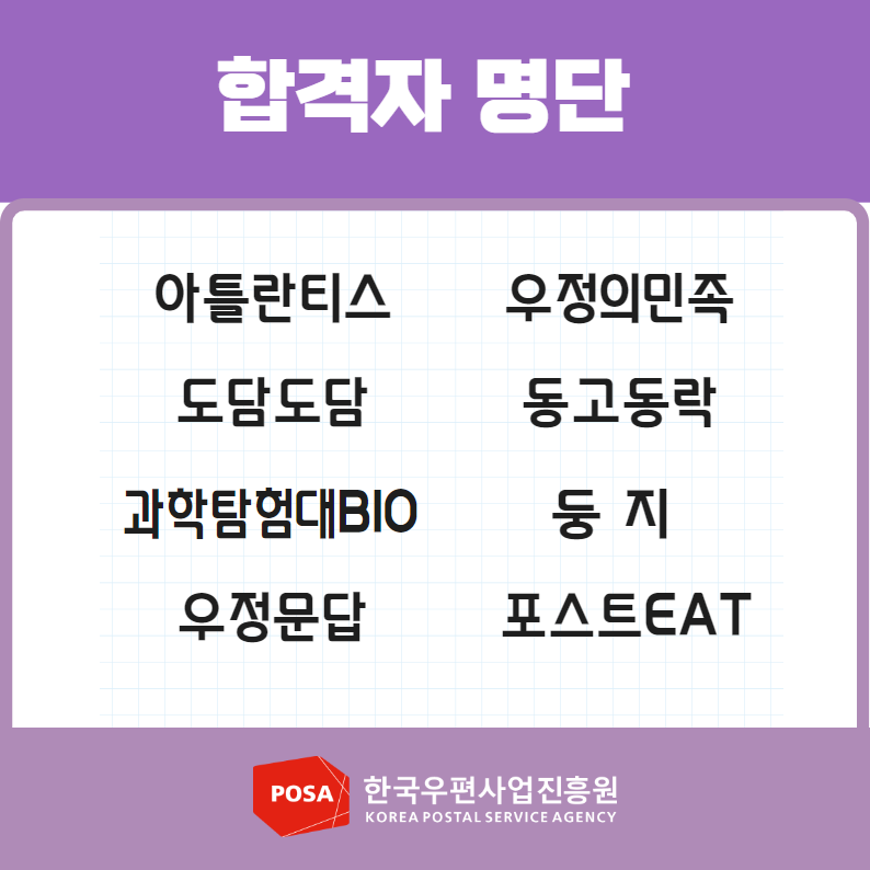 합격자 명단 / 아틀란티스 / 우정의민족 / 도담도담 / 동고동락 /  과학탐험대BIO / 둥지 / 우정문답 / 포스트EAT / POSA 한국우편사업진흥원 KOREA POSTAL SERVICE AGENCY