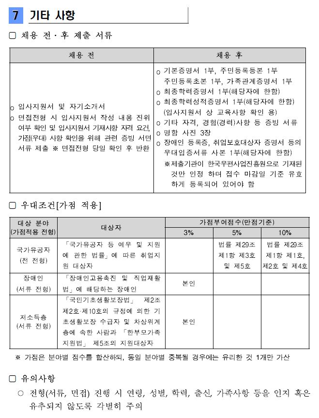 7.기타 사항 (1)채용 전·후 제출 서류 1)채용 전-입사지원서 및 자기소개서 2)채용 후-기본증명서 1부, 주민등록본 1부, 주민등록초본 1부, 가족관계증명서 1부