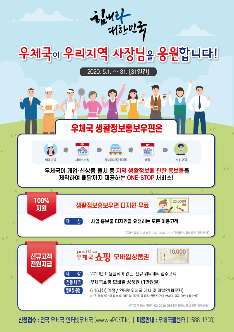 우체국이 우리지역 사장님을 응원합니다! 2020.5.1 ~ 31.[31일간], 우체국 생활정보홍보우편은 우체국이 개업·신상품 출시 등 지역 생활정보에 관한 홍보물을 제작하여 배달까지 제공하는 ONE-STOP 서비스! 생활정보홍보우편 디자인 무료, 대상:사업 홍보물 디자인을 요청하는 모든 이용고객, 우체국 쇼핑 모바일 상품권, 대상:2020년 이용실적이 없는 신규 위탁제작 접수고객,경품 내역:우체국쇼핑 모바일 상품권(1만원권), 발표 및 증정:6.16(화) 예정 / 인터넷우체국 게시 및 개별안내(문자), 신청접수:전국 우체국·인터넷우체국(www.ePOST.kr),이용안내:우체국콜센터(1588-1300)