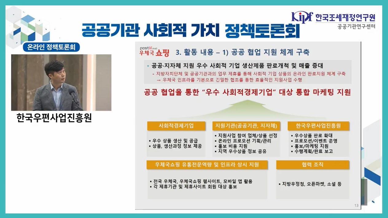 한국조세재정연구원 공공기관 연구센터 / 온라인 정책토론회 한국우편사업진흥원 / 공공기관 사회적 가치 정책토론회 / 3. 활동 내용 - 1) 공공 협업 지원 체계 구축 ·공공·지자체 지원 우수 사회적 기업 생산제품 판로개척 및 매출 증대 - 지방자치단체 및 공공기관과의 업무 제휴를 통해 사회적 기업 상품의 온라인 판로지원 체계 구축 → 우체국 인프라를 기본으로 긴밀한 협조를 통한 효율적인 지원사업 수행 / 공공 협업을 통한 