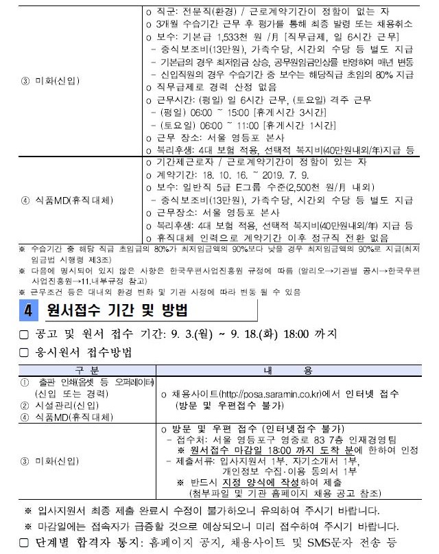 4.원서접수 기간 및 방법 (1)구분 1)출판 인쇄(옵셋 등 오퍼레이터, 신입 또는 경력) 2)시설관리(신입) 3)식품MD(휴직대체) : 채용사이트(http://posa.saramin.co.kr)에서 인터넷 접수 4)미화(신입):방문 및 우편 접수(인터넷접수 불가)