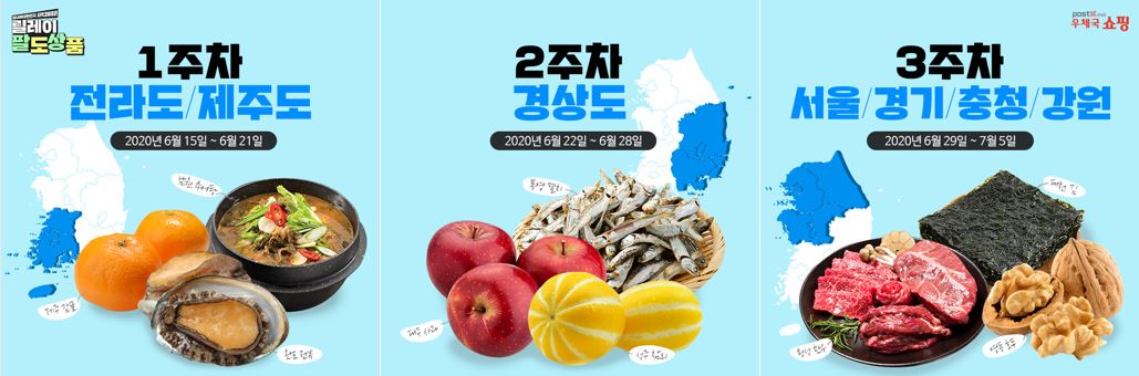 릴레이 팔도상품 1주차 전라도/제주도 2020년 6월 15일 ~ 6월 21일 남원 추어탕 제주 감귤 완도 전복 / 2주차 경상도 2020년 6월22일 ~ 6월 28일 통영 멸치 대구 사과 성주 참외 / 3주차 서울/경기/충청/강원 2020년 6월29일 ~ 7월 5일 횡성 한우 제천 김 영동 호두 