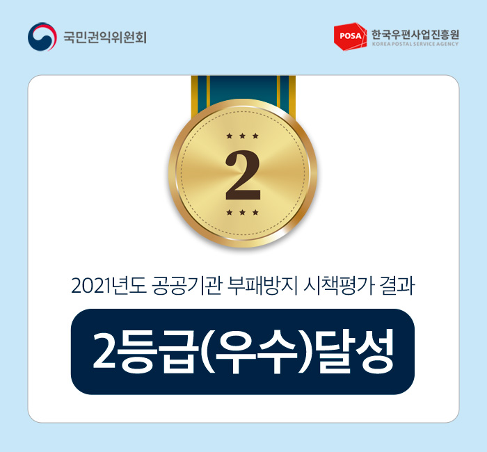 국민권익위원회 POSA한국우편사업진흥원 / 2021년도 공공기관 부패방지 시책평가 결과 2등급(우수)달성