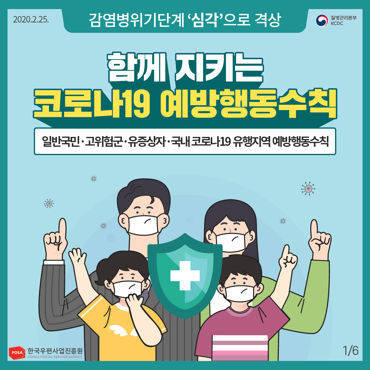 2020.2.25 감염병위기단계'심각'으로 격상(질병관리본부KCDC) - 함께 지키는 코로나19 예방행동 수칙(일반국민ㆍ고위험군ㆍ유증상자ㆍ국내코로나19 유행지역 예방행동수칙) - POSA 한국우편사업진흥원, 1/6