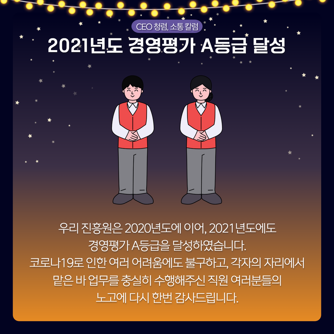 CEO 청렴, 소통 칼럼 / 2021년도 경영평가 A등급 달성 / 우리 진흥원은 2020년도에 이어, 2021 년도에도 경영평가 A등급을 달성하였습니다. 코로나19로 인한 여러 어려움에도 불구하고, 각자의 자리에서 맡은 바 업무를 충실히 수행해주신 직원 여러분들의 노고에 다시 한번 감사드립니다.