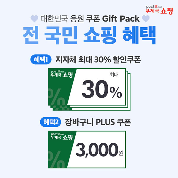 우체국 쇼핑, 대한민국 응원 쿠폰 Gift Pack, 전 국민 쇼핑 혜택, 혜택 1 ) 상품 최대 30% 할인쿠폰, 혜택 2 ) 장바구니 Plus 3,000원 할인쿠폰