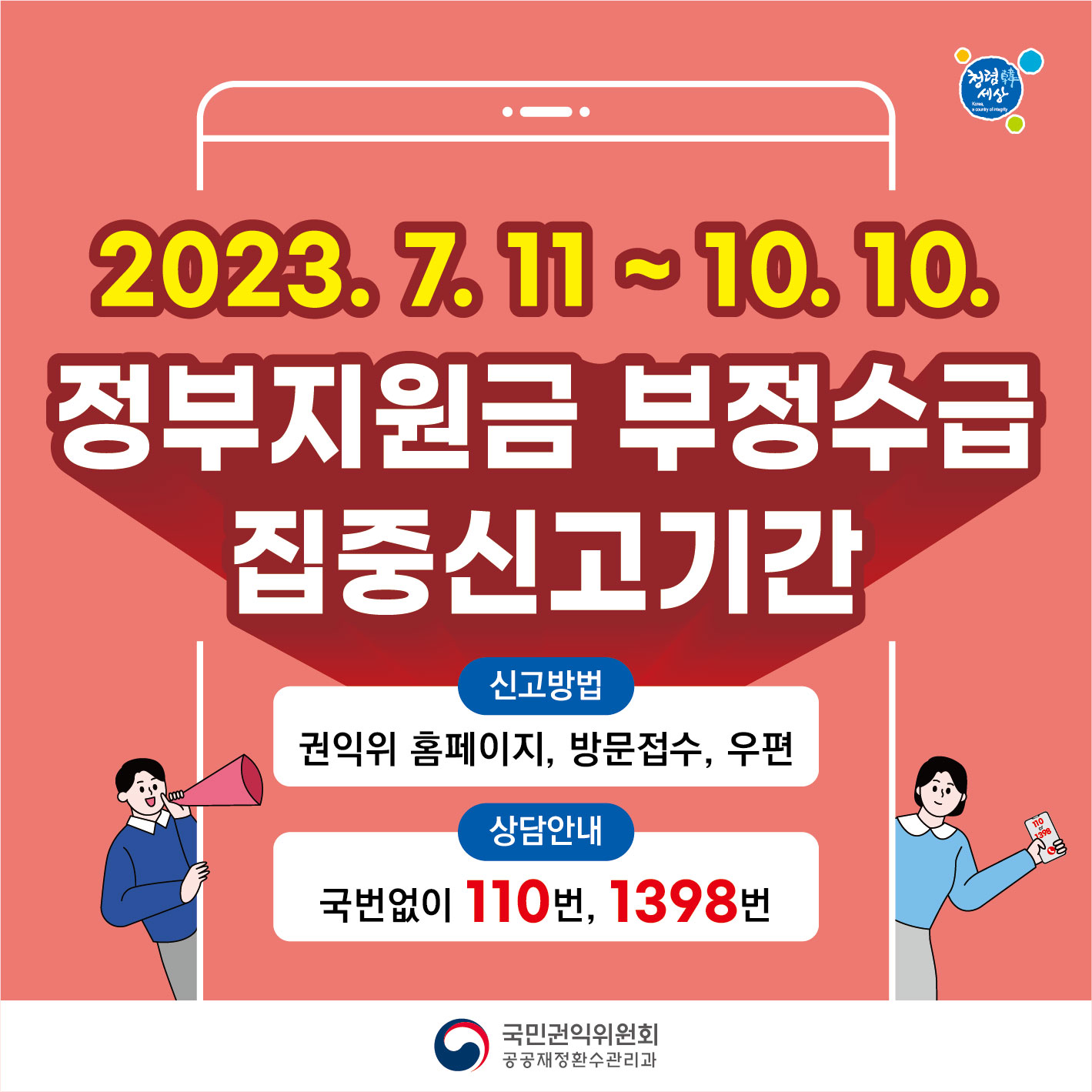 청렴韓 세상 / 2023. 7. 11~10.10. / 정부지원금 부정수급 집중신고기간 / 신고방법 / 권익위 홈페이지, 방문접수, 우편 / 상담안내 / 국번없이 110번, 1398번 / 국민권익위원회 공공재정환수관리과 