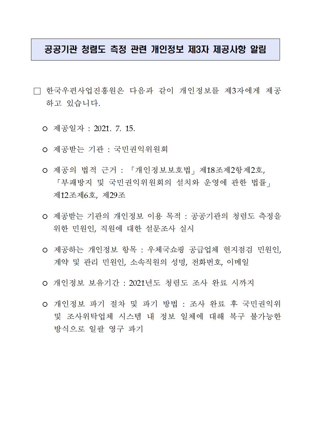 공공기관 청렴도 측정 관련 개인정보 제3자 제공사항 알림, □한국우편사업진흥원은 다음과 같이 개인정보를 제3자에게 제공하고 있습니다. ○제공일자: 2021.7.15 ○제공받는 기관 : 국민권익위원회 ○제공의 법적 근거: 개인정보보호법 제18조제2항제2호, 부패방지 및 국민권익위원회의 설치와 운영에 관한 법률 젲12조제6호, 제 29조 ○제공받는 기관의 개인정보 이용 목적 : 공공기관의 청렴도 측정을 위한 민원인, 직원에 대한 설문조사 실시 ○제공하는 개인정보 항목 : 우체국쇼핑 공급업체 현지점검 인원인, 계약 및 관리 민원인, 소속직원의 성명, 전화번호, 이메일 ○개인정보 보유기간: 2021년도 청렴도 조사 완료 시까지 ○개인정보 파기 절차 및 파기 방법 : 조사 완료후 국민권익위 및 조사위탁업체 시스템 내 정보 일체에 대해 복구 불가능한 방식으로 일괄 영구 파기