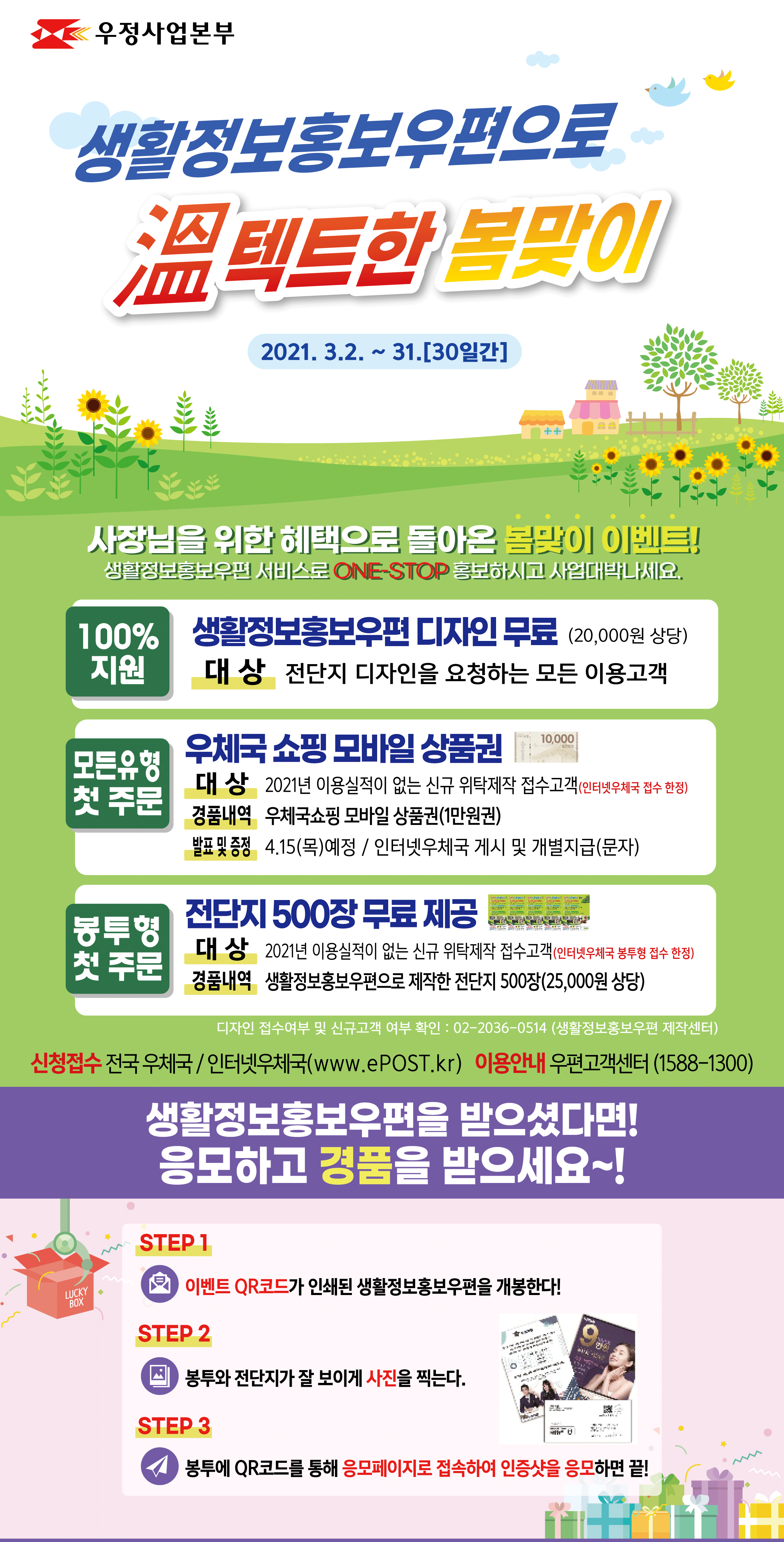 우정사업본부 / 생활정보홍보우편으로 溫텍트한 봄맞이 2021.3.2. ~ 31.[30일간] / 사장님을 위한 혜택으로 돌아온 봄맞이 이벤트! / 생활정보홍보우편 서비스로 ONE-STOP 홍보하시고 사업대박나세요. / 100% 지원 생활정보홍보우편 디자인 무료(20,000원 상당) / 대 상 : 전단지 디자인을 요청하는 모든 이용고객 / 모든유형 첫 주문 우체국 쇼핑 모바일 상품권 / 대 상 : 2021년 이용실적이 없는 신규 위탁제작 접수고객(인터넷 우체국 접수 한정) 경품내역 : 우체국쇼핑 모바일 상품권(1만원권) 발표 및 증정 : 4.15(목)예정 / 인터넷 우체국 게시 및 개별지급(문자) / 봉투형 첫 주문 전단지 500장 무료 제공 대 상 : 2021년 이용실적이 없는 신규 위탁제작 접수고객(인터넷우체국 봉투형 접수 한정) / 경품내역 : 생활정보홍보우편으로 제작한 전단지 500장(25,000원 상당) / 디자인 접수여부 및 신규고객 여부 확인 : 02-2036-0514 (생활정보홍보우편 제작센터) / 신청접수 : 전국 우체국/인터넷우체국(www.ePOST.kr) 이용안내 : 우편고객센터(1588-1300) / 생활정보홍보우편을 받으셨다면! 응모하고 경품을 받으세요~! / STEP 1 이벤트 QR코드가 인쇄된 생활정보홍보우편을 개봉한다! STEP2 봉투와 전단지가 잘 보이게 사진을 찍는다. STEP3 봉투에 QR코드를 통해 응모페이지로 접속하여 인증샷을 응모하면 끝!