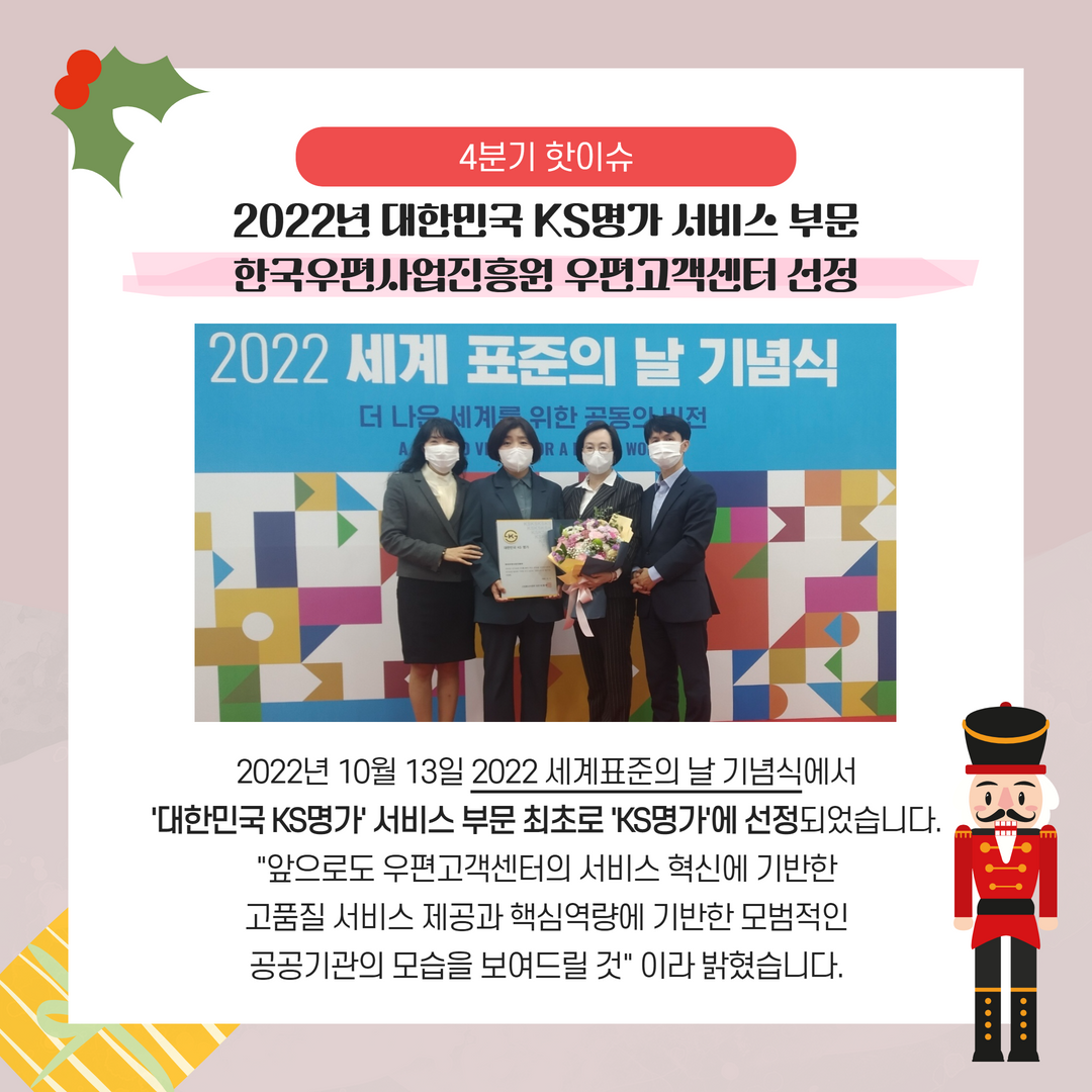 2022년 4분기 핫이슈 / 2022년 대한민국.KS명가 서비스 부문 한국우편사업진흥원 우편고객센터 선정 / 2022년 10월 13일 2022 세계표준의 날 기념식에서 '대한민국 KS명가 서비스 부문 최초로 KS명가에 선정되었습니다.
앞으로도 우편고객센터의 서비스 혁신에 기반한 고품질 서비스 제공과 핵심역량에 기반한 모범적인 공공기관의 모습을 보여드릴 것 이라 밝혔습니다.