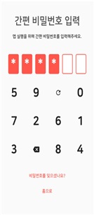 간편비밀번호 입력/앱 실행을 위해 간편 비밀번호를 입력해주세요./****00/숫자를 누르는 키패드/비밀번호를 잊으셨나요?, 홈으로