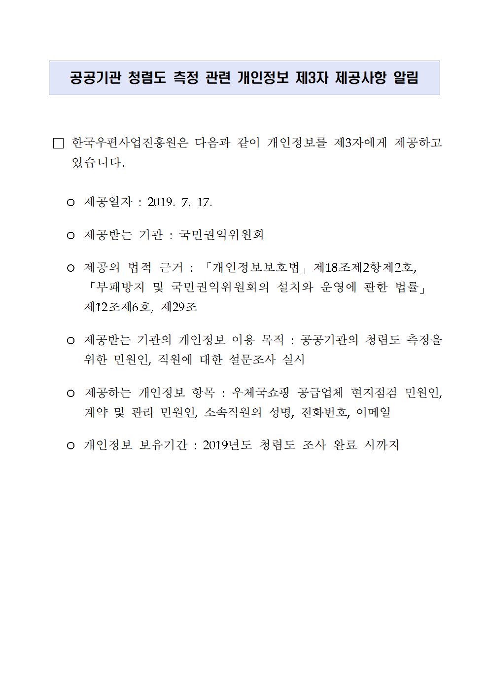 공공기관 청렴도 측정 관련 개인정보 제3자 제공사항 알림. 1.한국우편사업진흥원은 다음과 같이 개인정보를 제3자에게 제공하고 있습니다. 1-1)제공일자:2019.7.17, 1-2)제공받는 기관:국민권익위원회, 1-3)제공의 법적 근거: 「개인정보보호법」제18조 제2항 제2호,「부패방지 및 국민권익위원회의 설치와 운영에 관한 법률 제12조 제6호, 제29조」, 1-4)제공받는 기관의 개인정보 이용 목적:공공기관의 청렴도 측정을 위한 민원인, 직원에 대한 설문조사 실시, 1-5)제공하는 개인정보 항목:우체국쇼핑 공급업체 현지점검 민원인, 계약 및 관리 민원인, 소속직원의 성명,전화번호,이메일 1-6)개인정보 보유기간:2019년도 청렴도 조사 완료 시까지