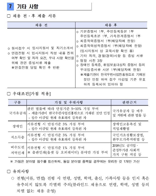 7.기타 사항 (1)채용 전·후 제출 서류 1)채용 전:(공통) 입사지원서 및 자기소개서 2)채용 후:(공통) 기본증명서 1부,주민등록등본 1부, 주민등록초본 1부, 가족관계증명서 1부