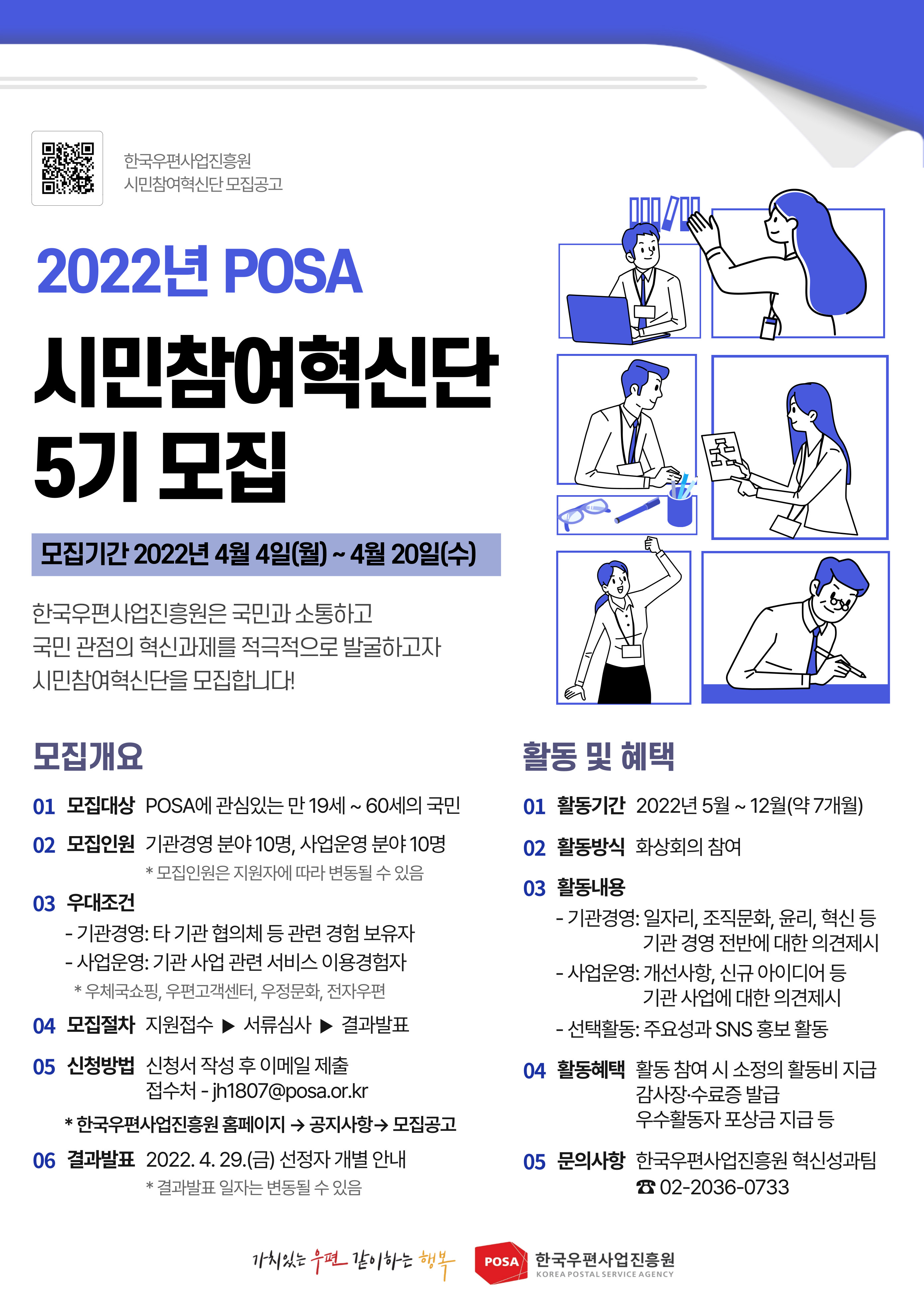 한구우편사업진흥원 시민참여혁신단 모집공고, 2022년 POSA 시민참여혁신다 5기 모집, 모집기간 2022년 4월 4일(월) ~ 4월 20일(수) 한국우편사업진흥원은 국민과 소통하고 국민 관점의 혁신과제를 적극적으로 발굴하고자 시민참여혁신단을 모집합니다!, 모집개요, 01 모집대상 POSA에 관심있는 만19세~60세의 국민, 02 모집인원 기관경영분야 10명, 사업운영분야 10명 *모집인원은 지원자에 따라 변동될 수 있음, 03 우대조건 -기관경영:타 기관 협의체 등 관련 경험 보유자 -사업운영: 기고나 사업 관련 서비스 이용ㄱ경험자 *우체국쇼핑, 우편고객센터, 우정문화, 전자우편, 04 모집절차 지원접수 ▶ 서류심사 ▶ 결과발표, 05 신청방법 신청서 작성 후 이메일 제출, 접수처 - jh1807@posa.or.kr *한국우편사업진흥원 홈페이지 → 공지사항 → 모집공고, 06 결과발표 2022.4.29.(금) 선정자 개별 안내 *결과발표 일자는 변동될 수 있음, 활동 및 혜택, 01 활동기간 2022년 5월 ~ 12월(약 7개월), 02 활동방식 화상회의 참여, 03 활동내용 -기관경영: 일자리, 조직문화, 윤리, 혁신 등 기관경영전반에 대한 의견제시 -사업운영: 개선사항, 신규 아이디어 등 기관사업에 대한 의견 제시 -선택활동: 주요성과 SNS홍보 활동, 04 활동혜택 활동 참여시 소정의 활동비 지급 감사·수료증 발금 우수활동자 포상금 지급 등, 05 문의사항 한국우편사업진흥원 혁신성과팀 ☎02-2036-0733 ,가치있는 우편 같이하는 행복 POSA한국우편사업진흥원 KOREA POSTAL SERVICE AGENCY