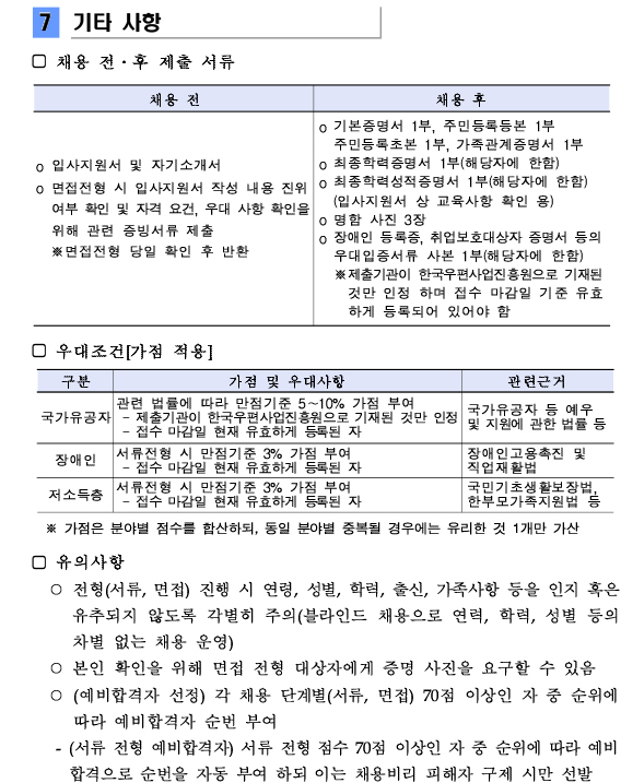 7.기타 사항 (1)채용 전·후 제출 서류 1)채용 전-입사지원서 및 자기소개서 2)채용 후-기본증명서 1부, 주민등록본 1부, 주민등록초본 1부, 가족관계증명서 1부